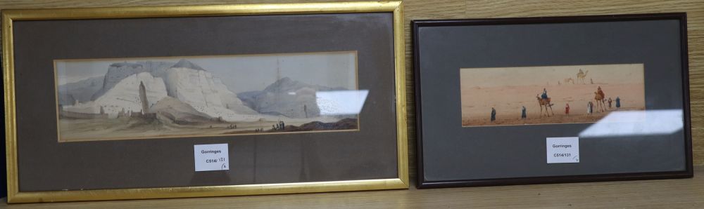 Augustus Lamplough, watercolour, Desert landscape, 7 x 23cm, and a coloured lithograph of Caves in a desert landscape